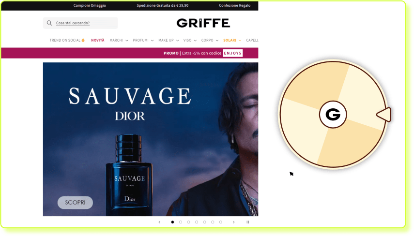 Screenshot dell'e-commerce profumerie griffe dove è presente il pop up del gioco gira la ruota