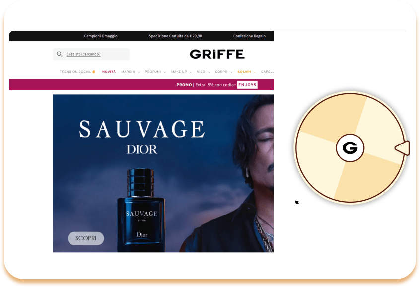 Gameplay gioco gira la ruota presente sul sito ecommerce profumerie griffe